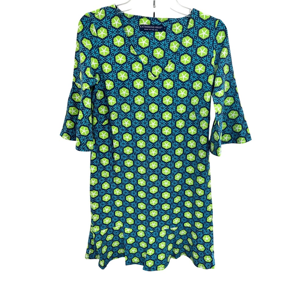 Katherine Way Blue Green Geometric Print Bell Sleeve Ruffle Hem Dress Womens S